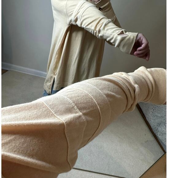 Free People: Varsity Stripe Neutral Yellow Tan VNeck Oversized Sweatshirt - Picture 3 of 7